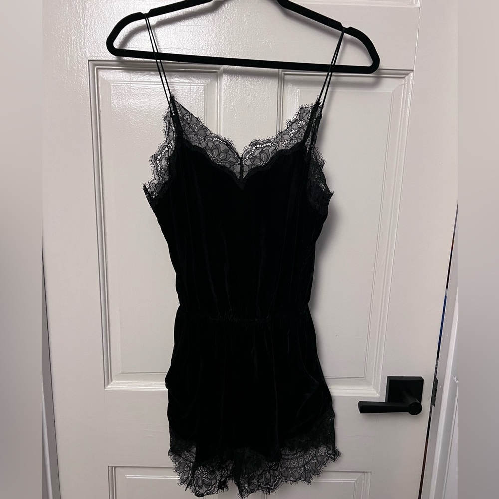 Velvet romper with lace trim